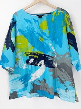 Ali Miles Linen Blend Blue Green Abstract Artsy Boxy 3/4 Sleeve Top 2X Lagenlook